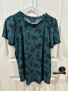 Banana Republic Teal Floral Smocked Shoulder Blouse